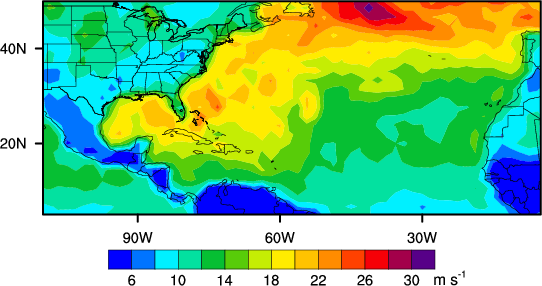 fig 6 wrfout_nnrpinput_peakwspsince1980at10mjuststormdaysincarribeannormalratio