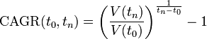 \mathrm{cagr}(t_0,t_n) = \left( \frac{v(t_n)}{v(t_0)} \right)^\frac{1}{t_n-t_0} - 1 