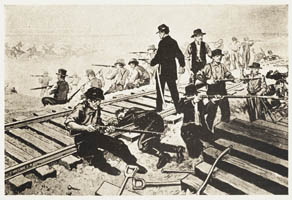 artist dramatization of union pacific construction crews guarding the rail line against hostile plains indians.