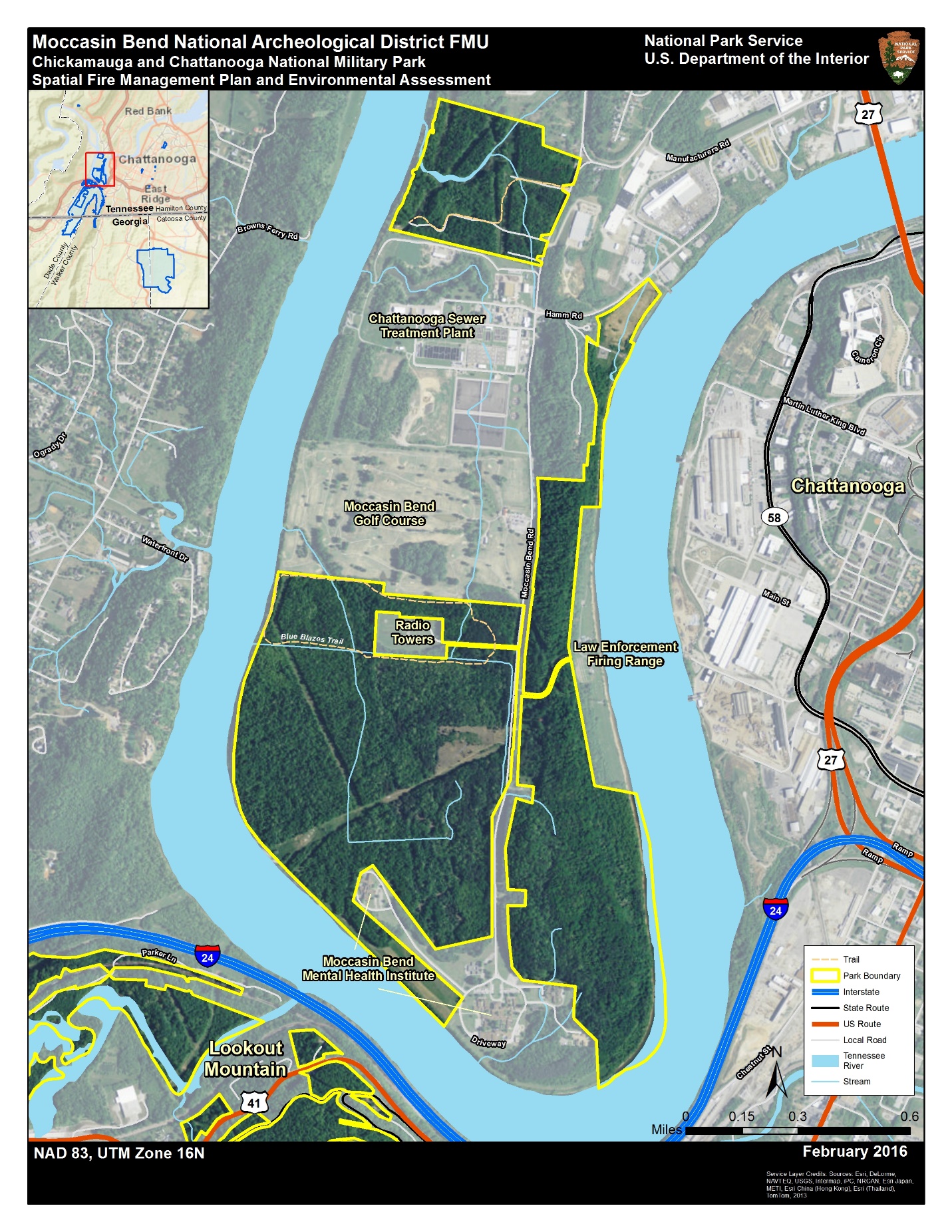 this map shows a zoomed-in view of the moccasin bend fmu. aerial photography is the base layer for the map. moccasin bend has several adjacent land uses, including a golf course, sewer treatment plant, radio towers, firing range, and hospital.