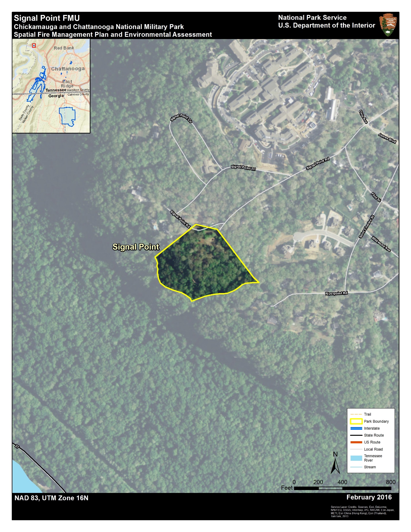 this maps shows a zoomed-in view of signal point fmu. aerial photography is the base layer for the map. signal point is the furthest north portion of the park, located adjacent to the signal mountain community, a suburb of chattanooga. the unit is primarily forested. 