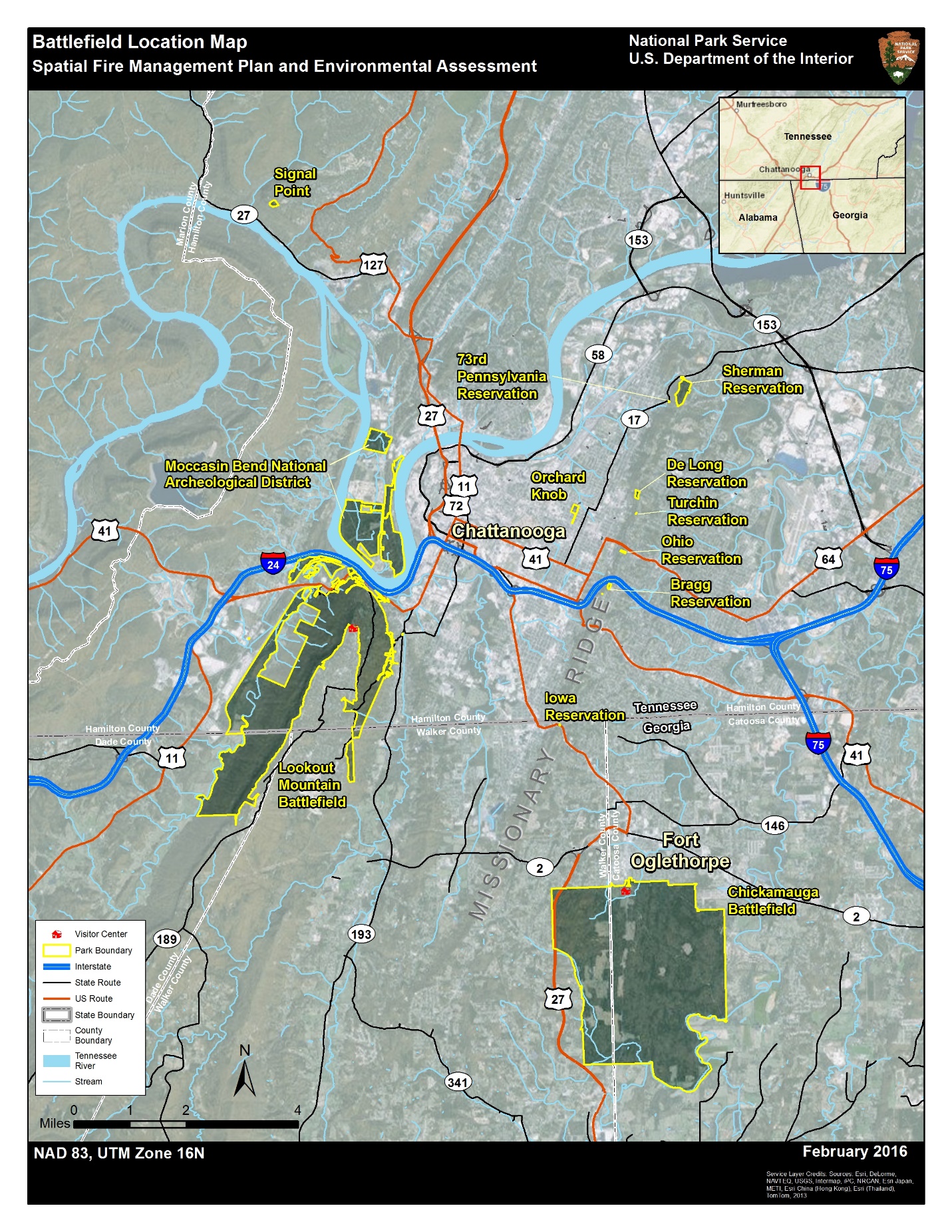 this maps shows the separate units that collectively comprise the park. the park is located on the border of tennessee and georgia. the chickamauga battlefield is located in the southeast portion of the park. lookout mountain is located to the west. moccasin bend national archeological district is just to the north of lookout mountain. signal point is located in the northwest area of the park. orchard knob is located in the central area of the park. missionary ridge consists of a series of small park units, including the iowa reservation, bragg reservation, ohio reservation, turchin reservation, delong reservation, phelps monument, 73rd pennsylvania reservation, and sherman reservation.