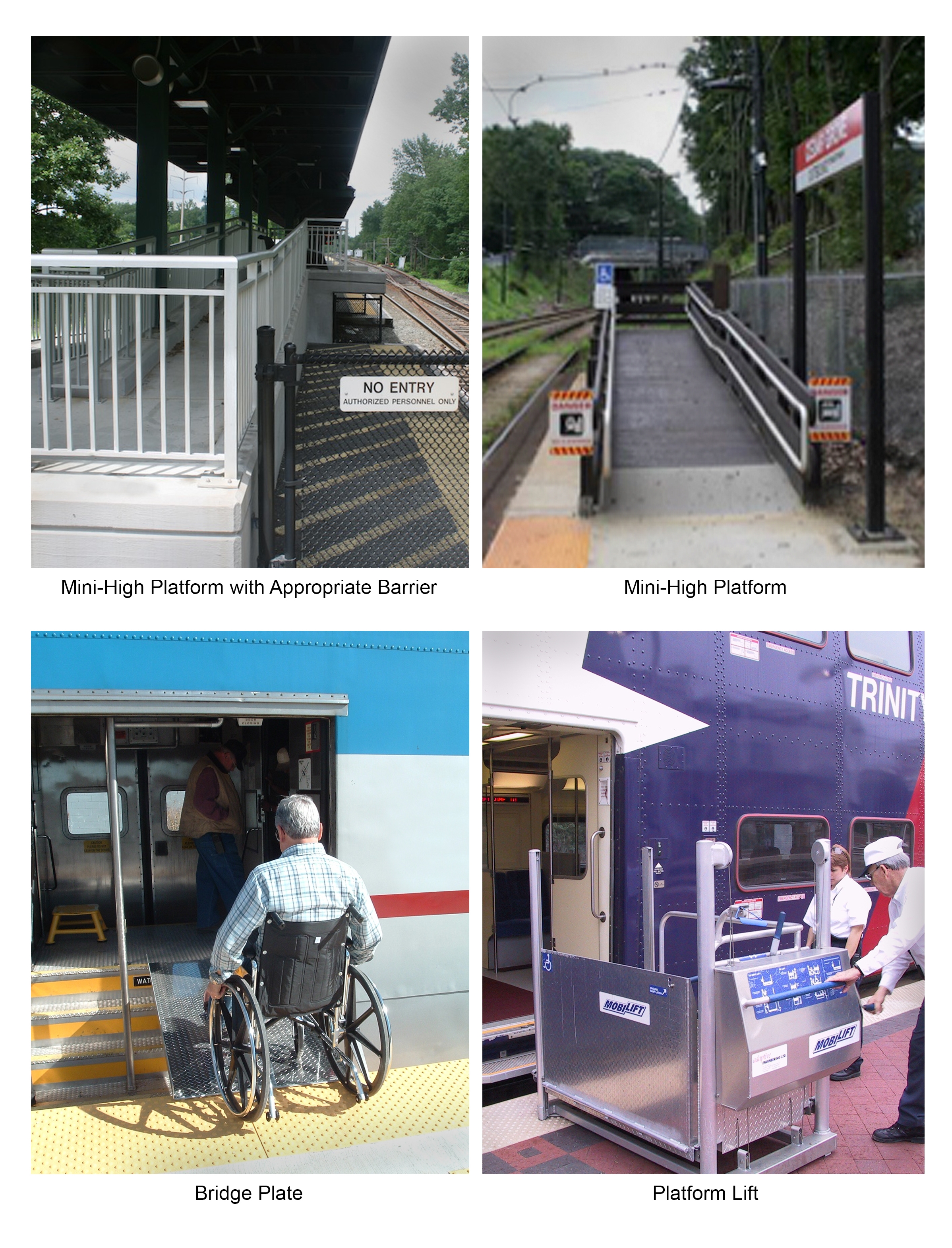 series of 4 photographs, 1 with mini-high platform and required passenger barrier, 2 of another mini-high platform, 3 of deployed bridge plate, and 4 of platform-based manual lift device