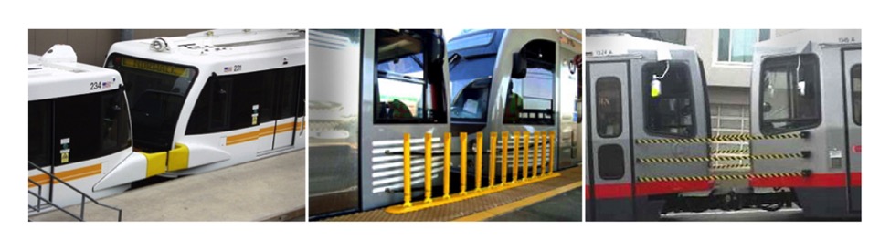 photograph of three examples side by side of between-car-barriers on light rail vehicles