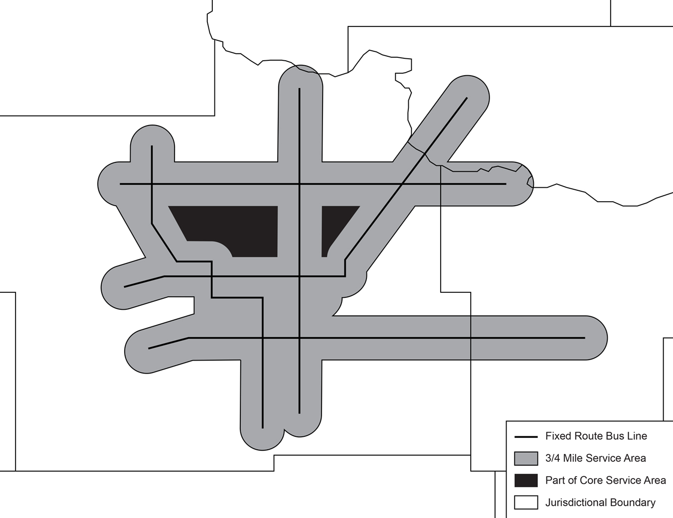 illustration of hypothetical bus route service area showing required 3/4-mile complementary paratransit service in relation to fixed route service with core service area requirements