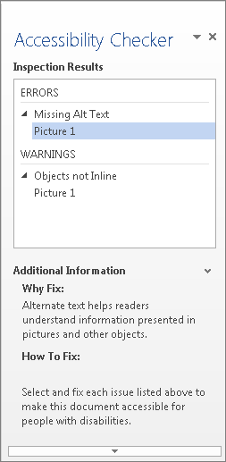 accessibility checker task pane showing results of accessibility check