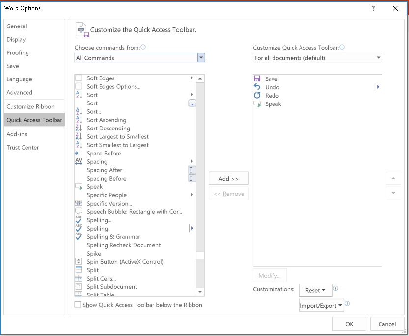 speak is one of many commands a user who is blind or has low vision can use with word and other office products. 