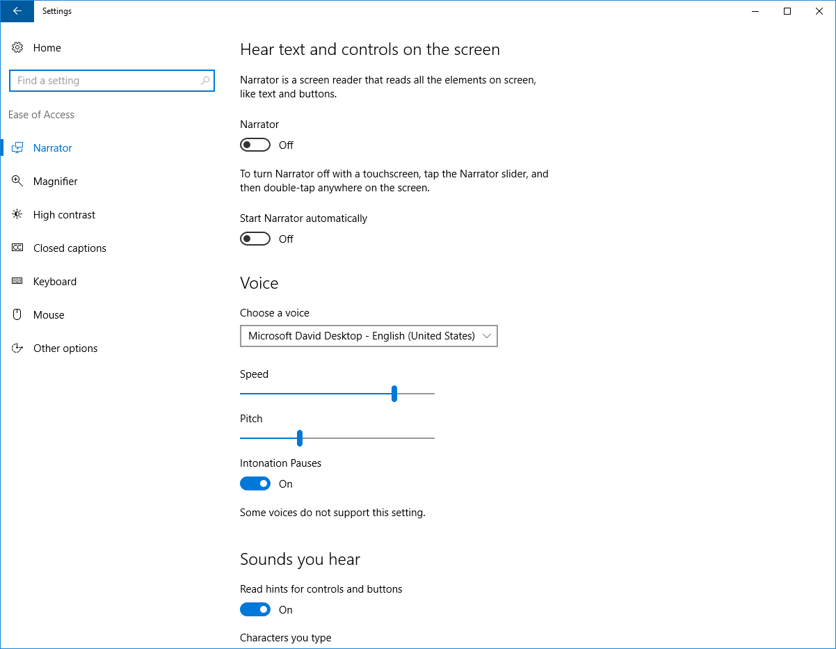 screenshot of ease of access in settings.