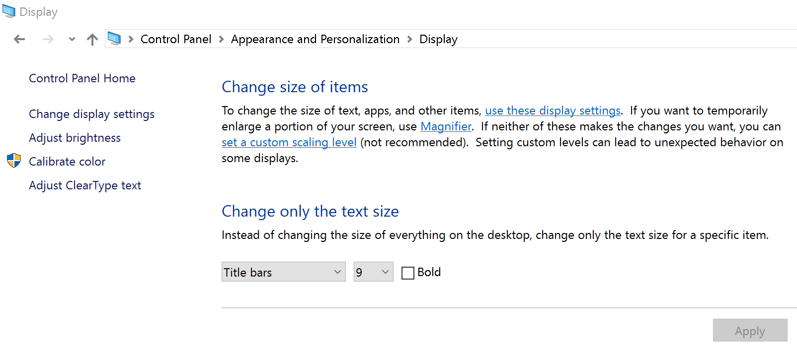 here are a list of display options in the control panel. 