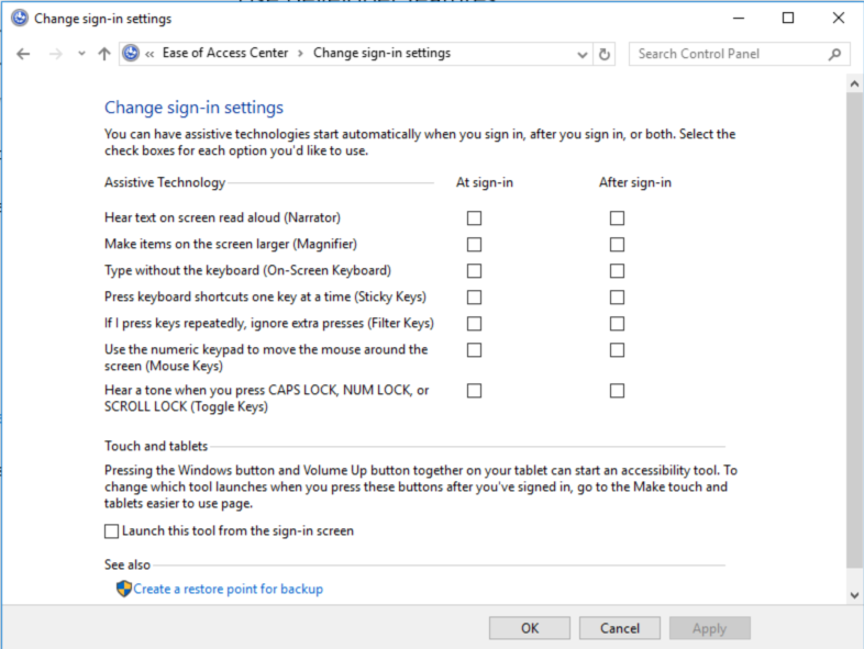 a list of assistive technology options you can customize to show up at the sign-in screen. 