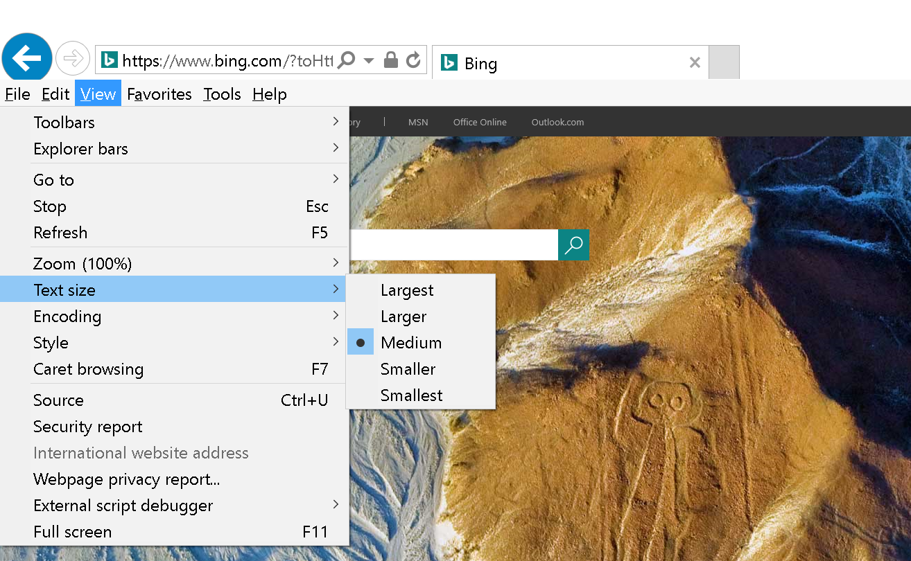 in internet explorer you can change the text from a small to a large size to fit your viewing experience. 