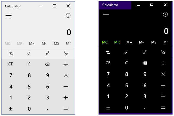 calculator shown in light theme and high contrast black theme.