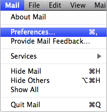 the mail application\'s mail menu. the preferences menu option is selected. 