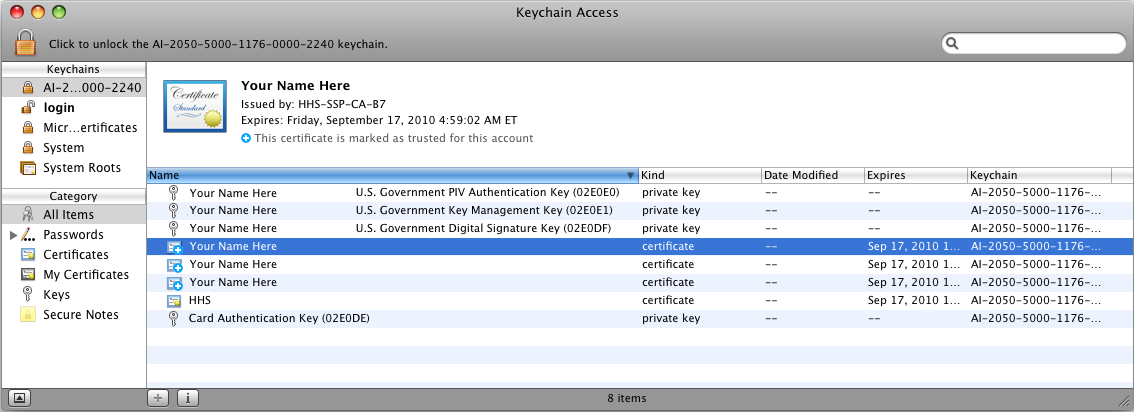 picture of the nih smart card keychain contents. one of the public certificates is selected (i.e., not one whose kind field value is 