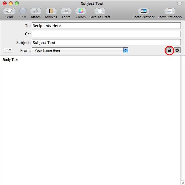 a new message window. this picture shows that in addition to the normal options and settings of a new message window, there are two message security buttons to the right of the from field next to the right edge of window. the encrypt option has a red circle around it in order to draw the reader\'s attention. 