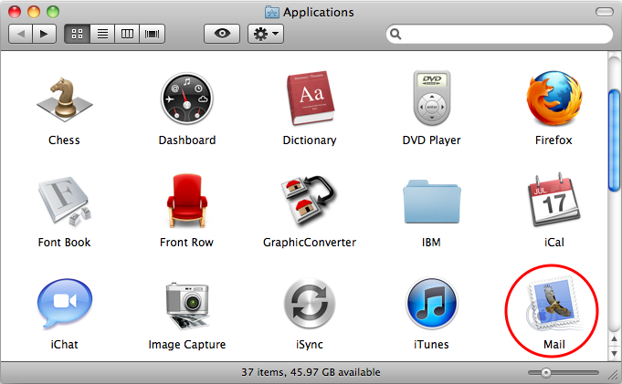 a finder folder window showing the contents of the applications folder. the mail icon is highlighted with a red circle to draw the reader\'s attention. 