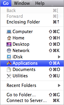 the finder\'s go menu. the applications menu option is selected.