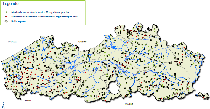 kaart: map-meetnet getoetst aan de drempelwaarde van 50 mg/l nitraat in het winterjaar 2010-2011