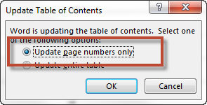 in the update table of contents dialog, two options are available. the update page numbers option is highlighted.