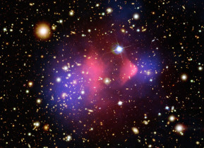 the bullet cluster shows the aftermath of a cosmic collision between two galaxy clusters. in this false-color image, the hot gas (pink) slowed down in the collision due to a drag force, while the dark matter (blue) appeared to keep passing through, as one would expect if dark matter is collisionless.