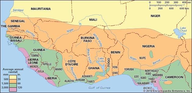 rain: average annual rainfall, guinea coast, west africa