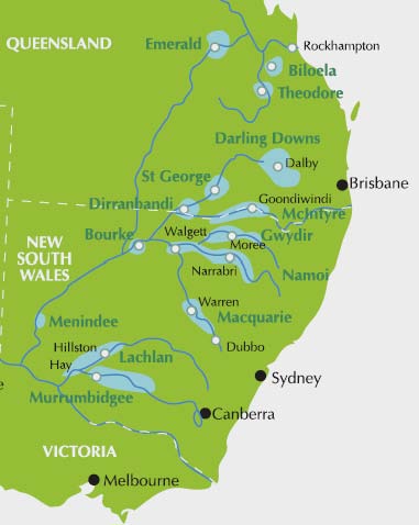map showing central and southern queensland, nsw and victoria. major cotton growing areas in nsw and queensland shaded light blue. major towns in or near each cotton growing area named. each area is located on or close to a major river system. major river systems are shown, as are state/territory capital cities. details in preceding text and table 2.