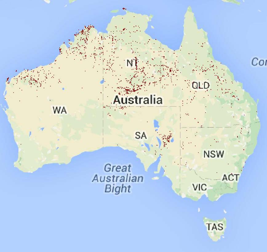 this figure shows a map of australia with red dots indicating the location of native species in australia. most are located in northern states and territories, with a small concentration also in the mid north of south australia and scattered distribution only in nsw. preceding text gives details for individual species. 