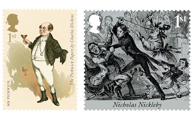 royal mail stamps featuring mr pickwick from the pickwick papers (left) and nicholas nickleby - to mark the 200th anniversary of charles dickens\' birth - will go on sale on june 19. 