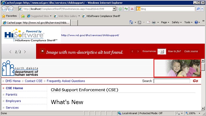 screen shot of compliance sheriff showing the page with the errors highlighted in red.