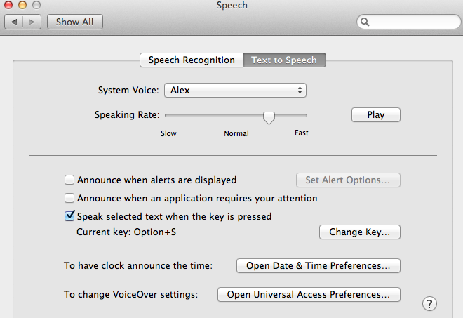 screen shot of text to speech window