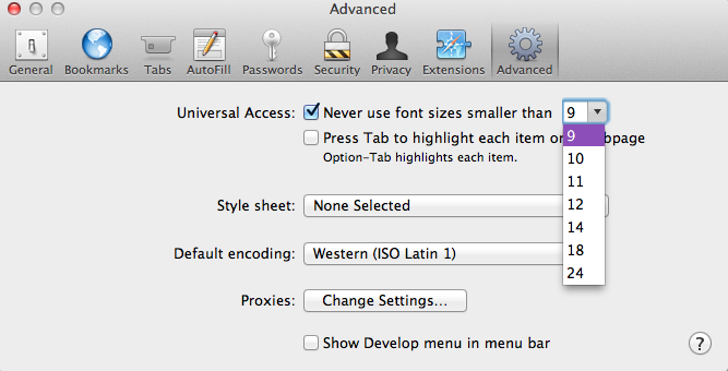 screen shot of advanced tab of safari preferences