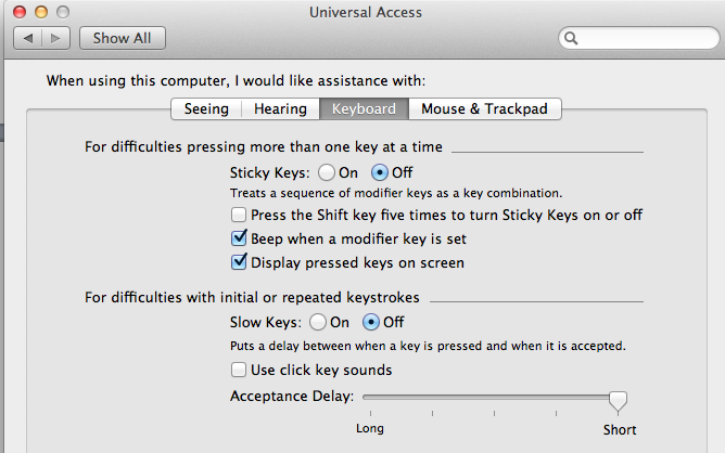 screen shot of keyboard tab of universal access window