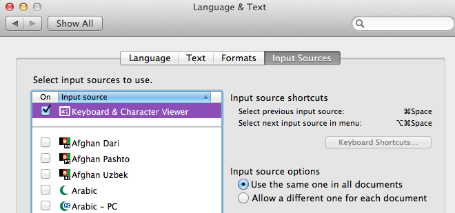 screen shot of input sources pane of language and text window