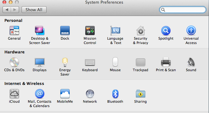 screen shot of system preferences tab