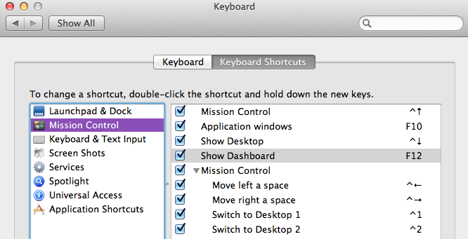 screen shot of keyboard shortcuts pane of keyboard window