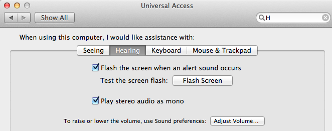 screen shot of hearing tab of universal access window