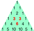 diagram of pascal\'s triangle showing that each row begins and ends with 1, and each of the other numbers is the sum of the two above it. 