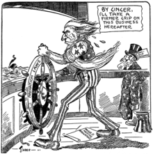 cartoon of uncle sam taking hold of a ship\'s wheel marked 