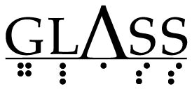 glass logo. glass with corresponding braille letters below