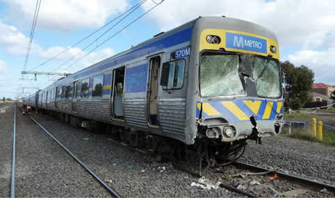 photograph of the suburban train in its final position following the collision