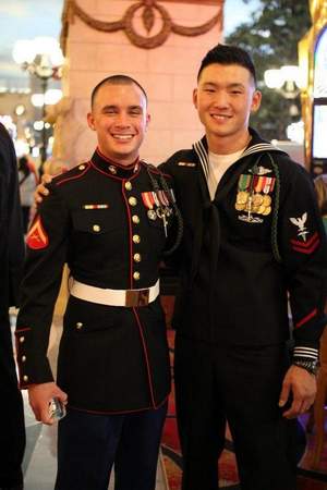 then-hospital corpsman 2nd class (fmf/sw) jonathan kong, right, earned a silver star for rushing into heavy fire to save a marine. kong is seen here with former 5th marines squad mate lance cpl. marshall kotchasak.