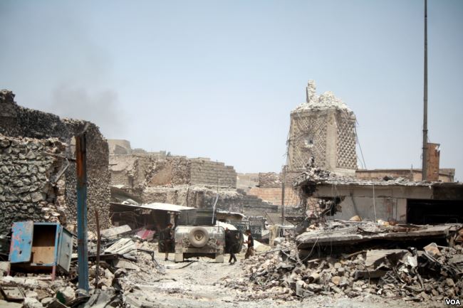 the al-nuri mosque, the symbolic heart of is was bombed by militants in june, and is now in the hands of iraqi forces, prompting the declaration of victory in mosul. (h.murdock)