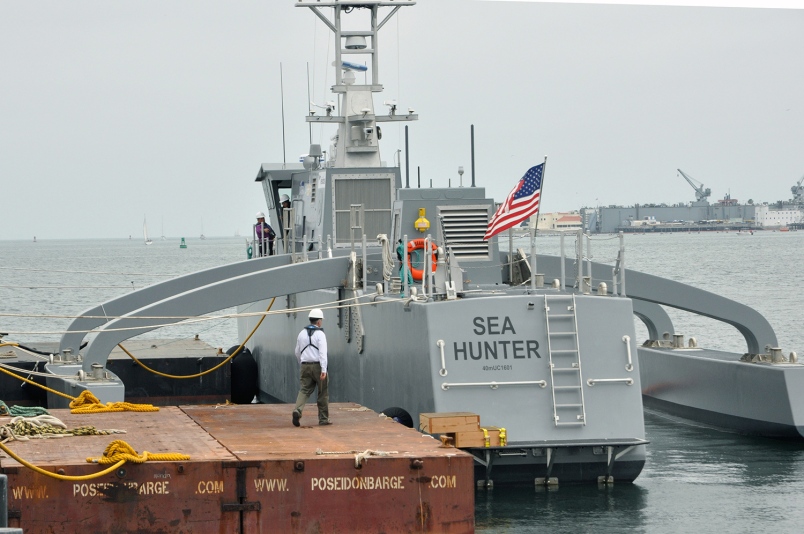 the navy\'s largest unmanned vessel prototype, the sea hunter, sits at the pier in san diego where it will undergo testing for the next two years. 
<br />Dianna Cahn/Stars and Stripes