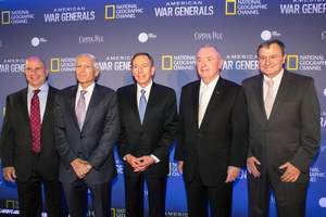from left to right: army lt. gen. h.r. mcmaster; retired army gen. wesley clark; retired army gen. david petraeus; retired army gen. barry mccaffrey; and retired lt. gen. karl eikenberry at the sept. 8 premiere of \'american war generals\' in washington, d.c.