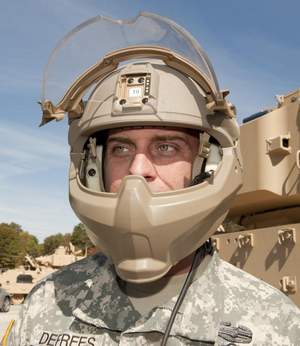 a prototype helmet with jaw protection and visor is undergoing testing.