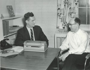 first chief of the blind center russ williams, in his office talking with a patient at the blind rehabilitation center, hines va hospital in chicago. (vha photo archives)