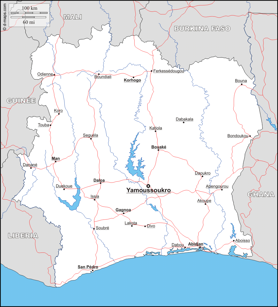 côte d\'ivoire : carte géographique gratuite, carte géographique muette gratuite, carte vierge gratuite, fond de carte gratuit : frontières, hydrographie, principales villes, routes principales, noms