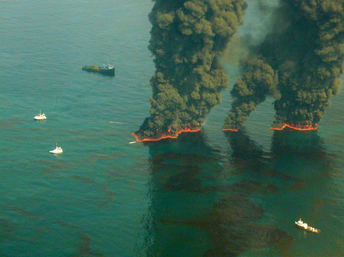 aerial view of oil being burned from the deepwater horizon/bp incident, may 19, 2010. u.s coast guard photo by chief petty officer john kepsimelis. 