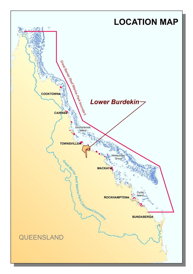 figure 1 is a map showing the location of the lower burdekin floodplain study area and the proximity to the great barrier reef.