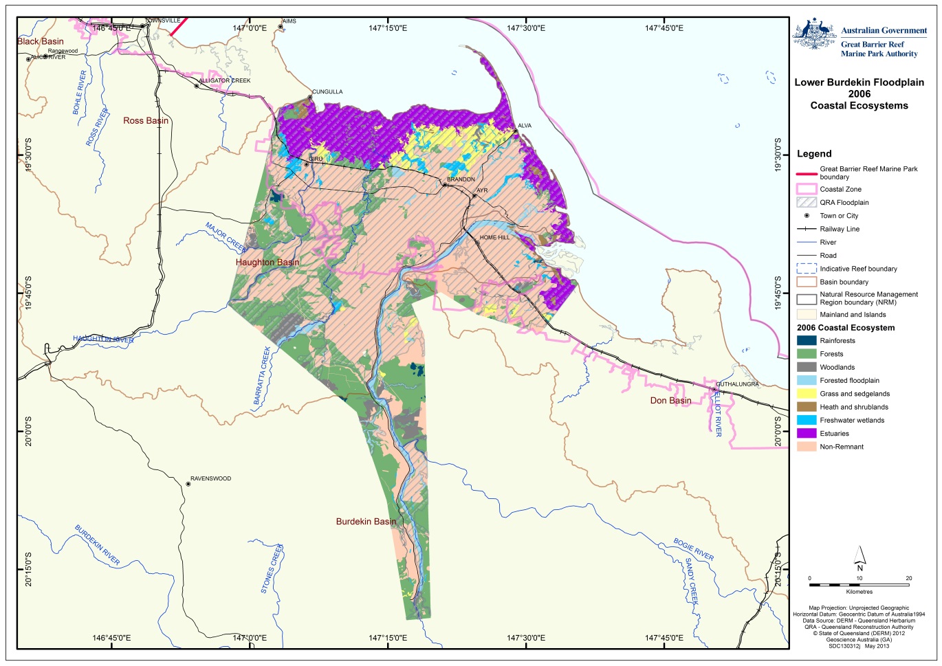 figure 3 is a map showing the lower burdekin floodplain post-clear coastal ecosystems areas. these are indicated by the coloured sections on the map and include the following: rainforests, forests, woodlands, forested floodplain, grass and sedgelands, heath and shrublands, freshwater wetlands, estuaries & non-remnant.